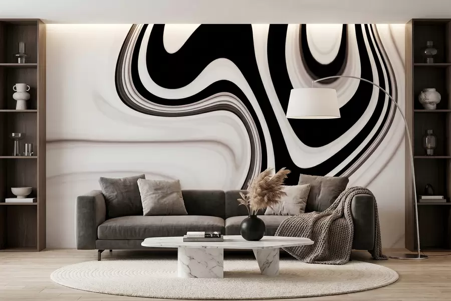murales de pared Mural abstracto con ondulaciones fluidas en blanco y negro, de estilo minimalista moderno w09877