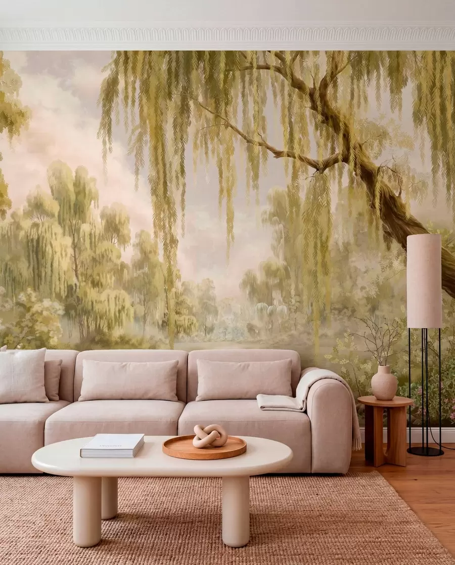 murales de pared Escena soleada con sauces junto a un estanque tranquilo w05631v1