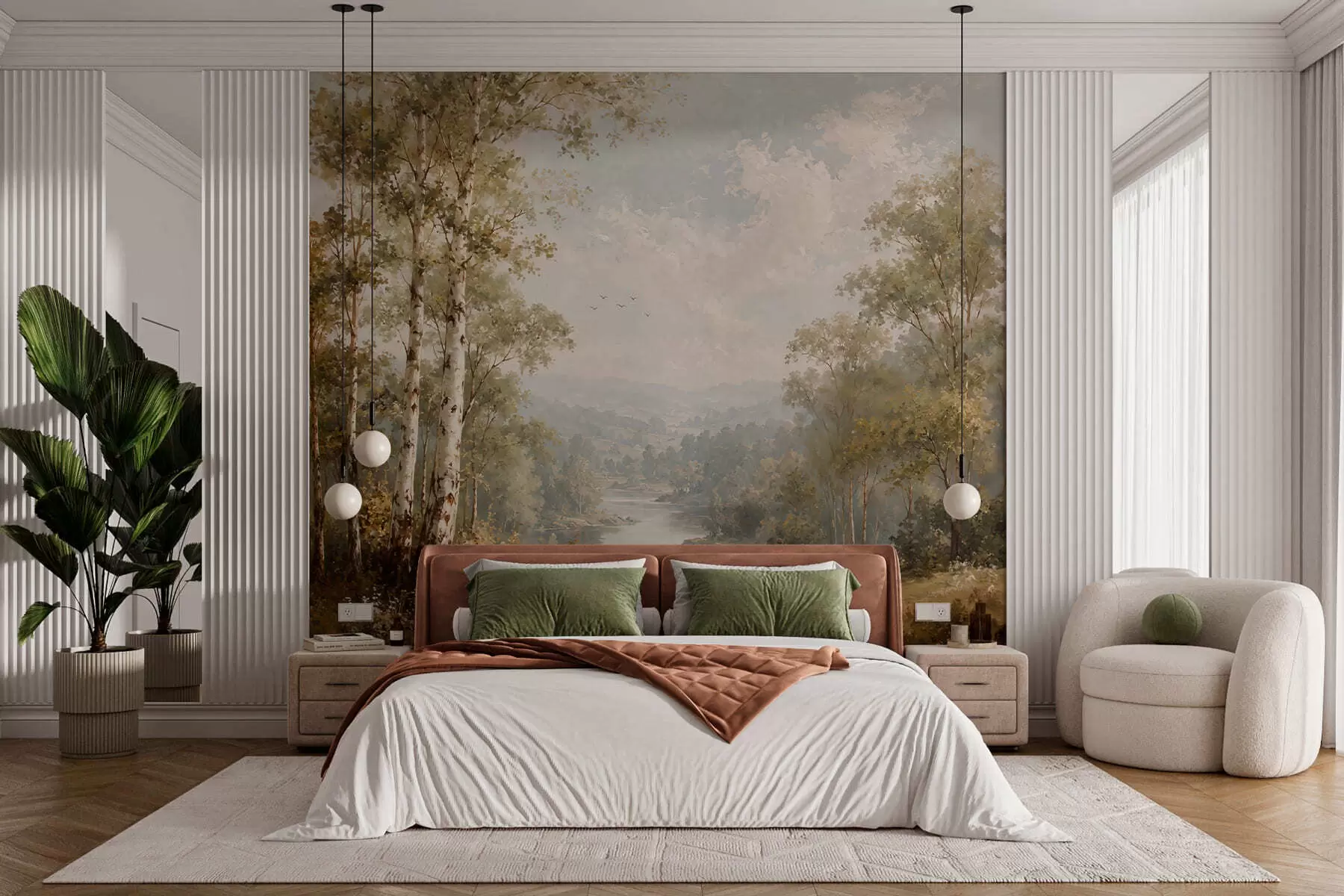 murales de pared Paisaje fluvial luminoso con abedules y nubes w05685