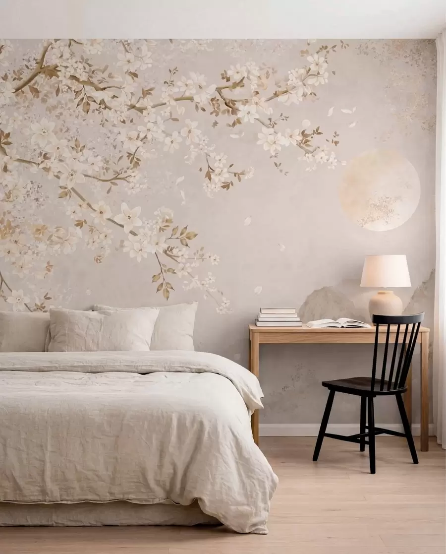 murales de pared Una rama en flor sobre las montañas envueltas en niebla y el sol w05695
