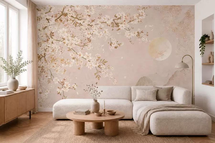 murales de pared Una rama en flor sobre las montañas envueltas en niebla y el sol w05695