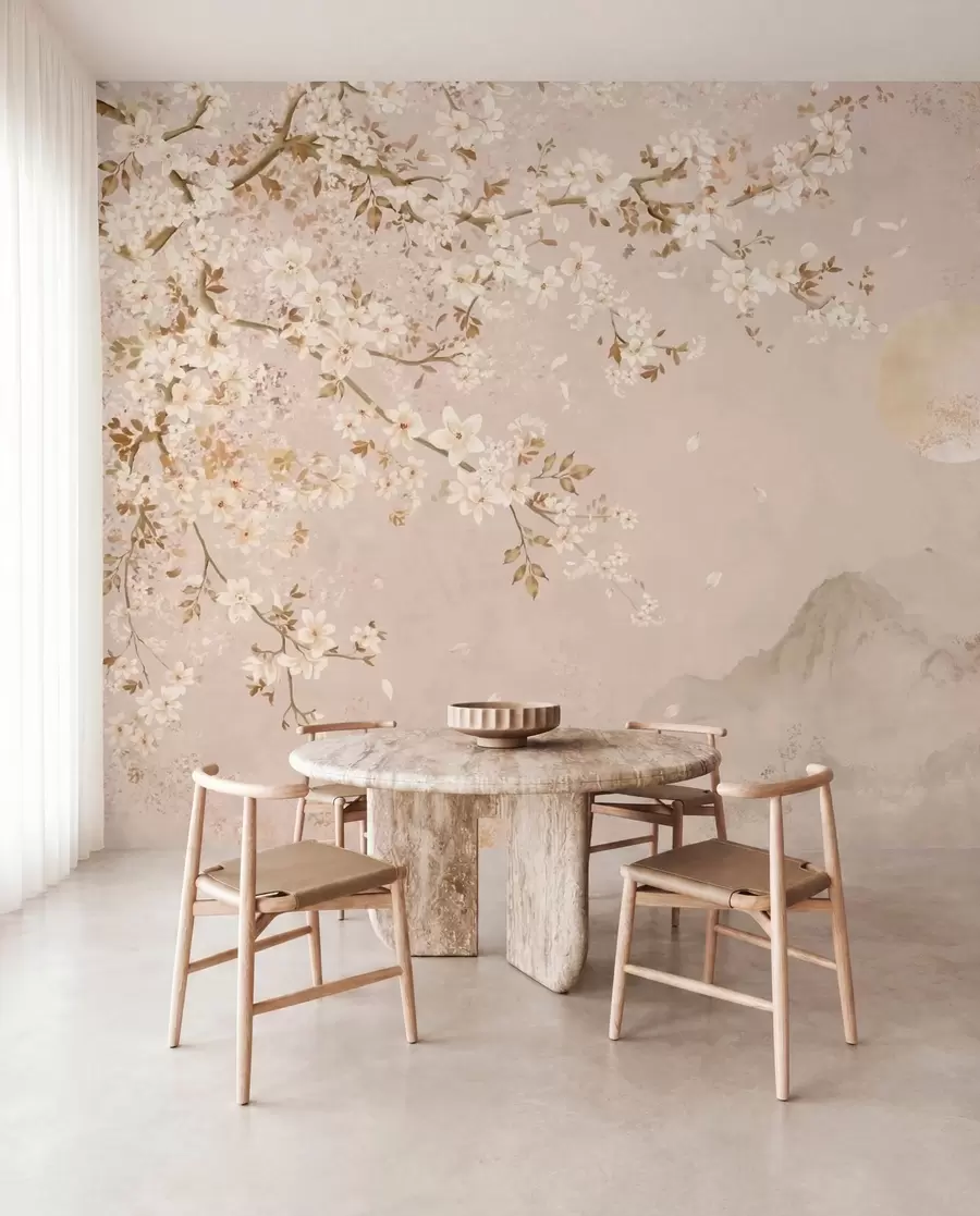 murales de pared Una rama en flor sobre las montañas envueltas en niebla y el sol w05695