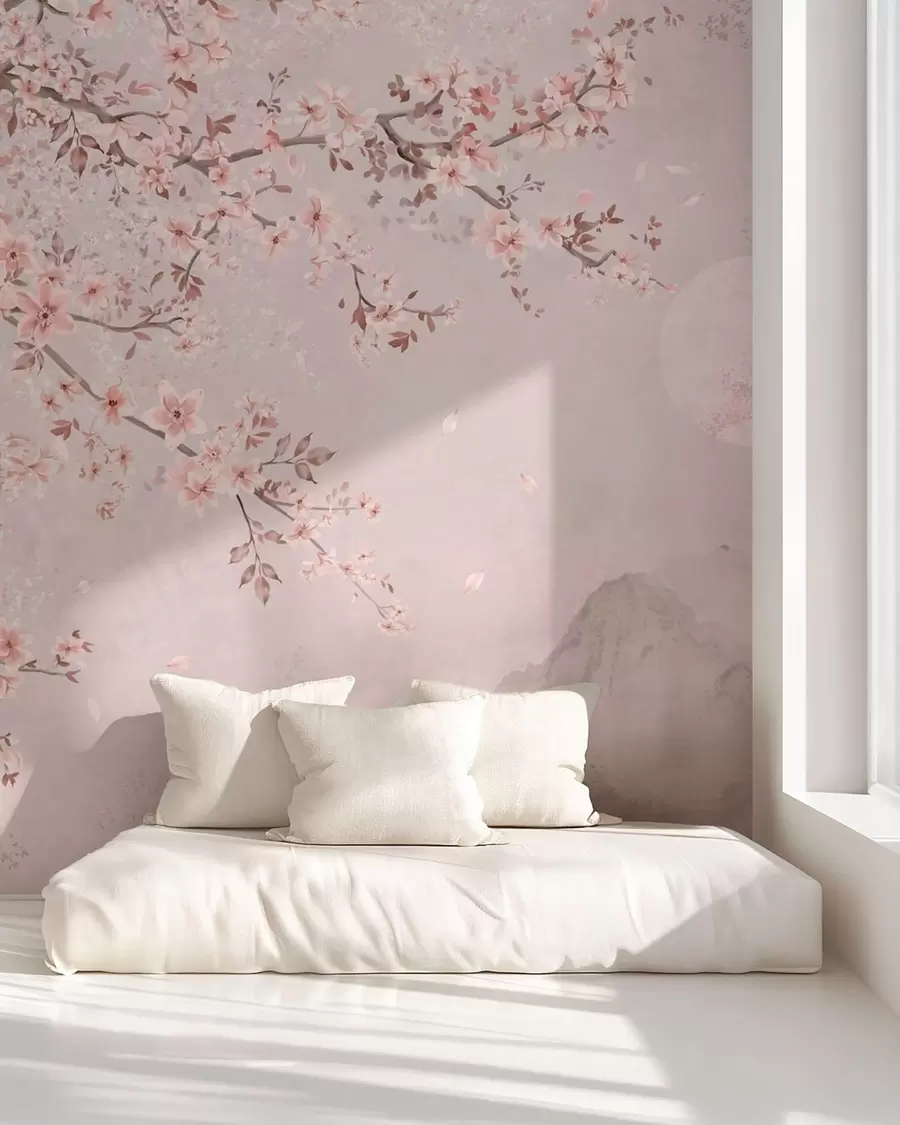 murales de pared Flores rosas en una rama sobre un apacible paisaje montañoso w05695v1