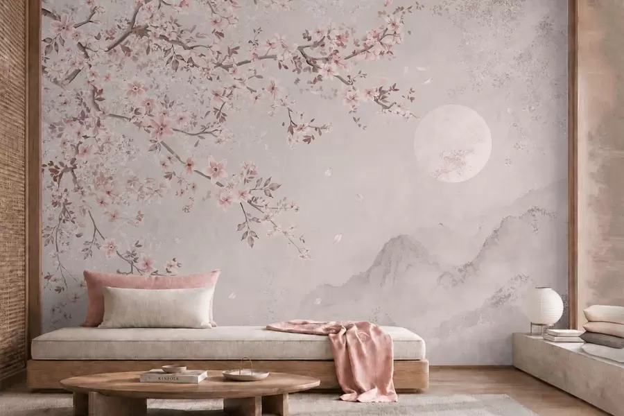 murales de pared Flores rosas en una rama sobre un apacible paisaje montañoso w05695v1