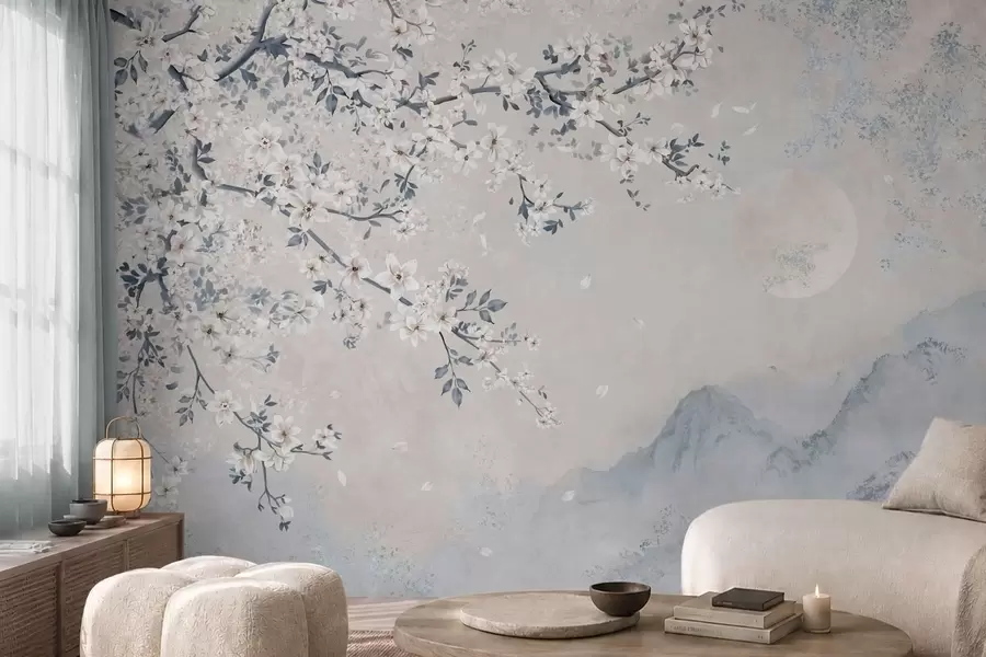 murales de pared Una delicada rama en flor sobre montañas envueltas en niebla y la luna w05695v2