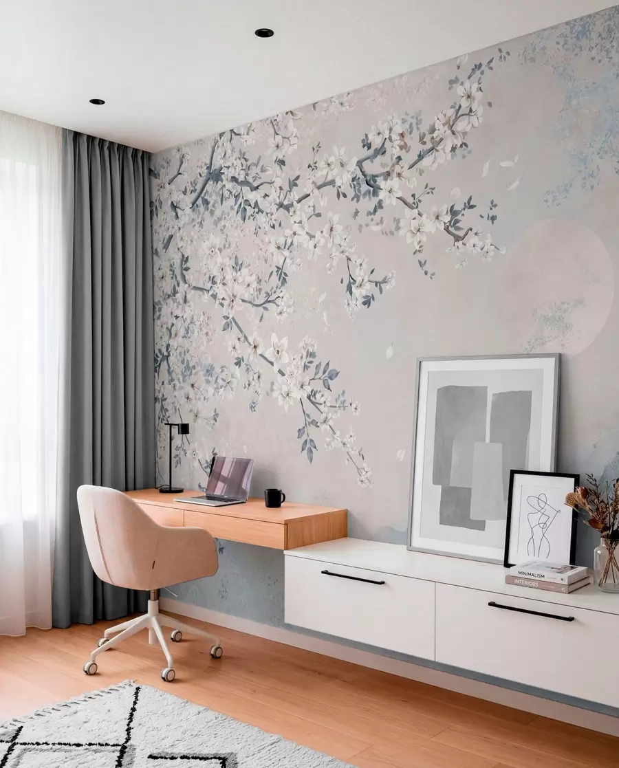 murales de pared Una delicada rama en flor sobre montañas envueltas en niebla y la luna w05695v2