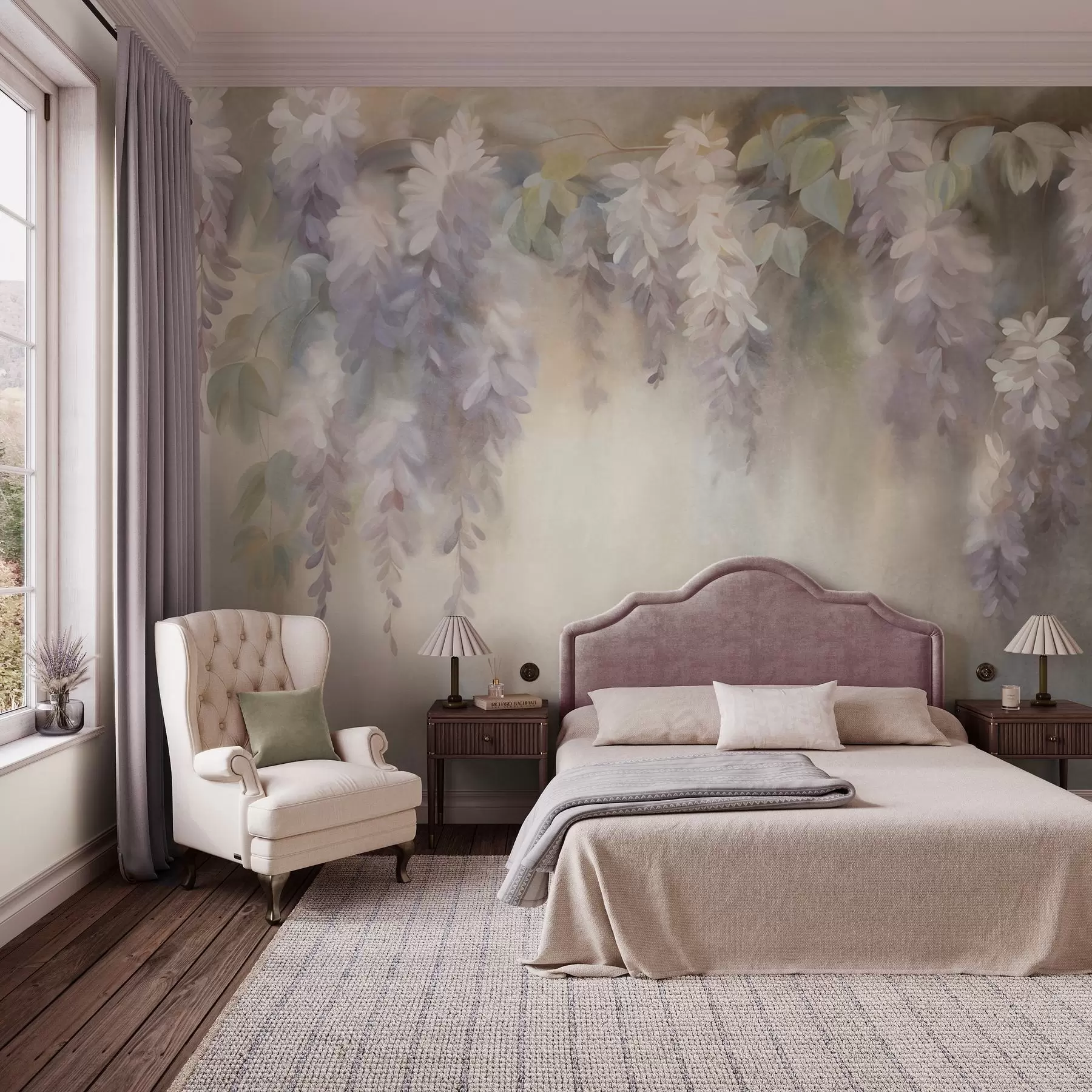 murales de pared Flores de glicinia de color morado claro con textura que cuelgan junto a hojas verdes, sobre un fondo en tonos pastel w09896