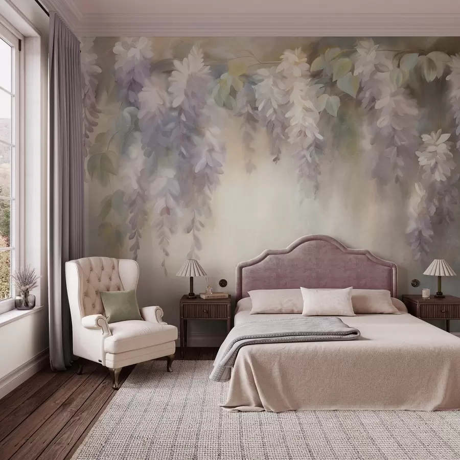 murales de pared Flores de glicinia de color morado claro con textura que cuelgan junto a hojas verdes, sobre un fondo en tonos pastel w09896
