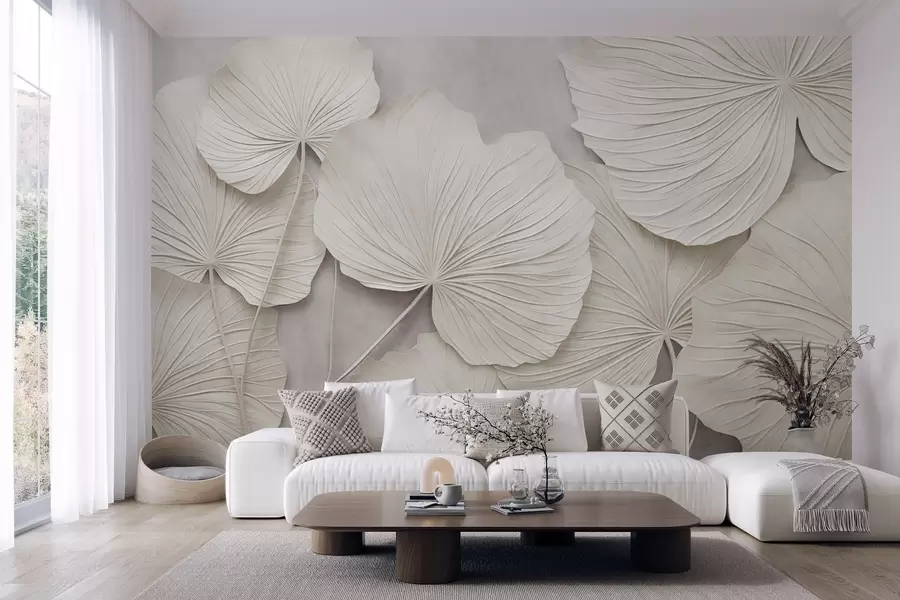murales de pared Hojas grandes y con textura sobre un fondo suave y apagado; arte moderno minimalista w09897