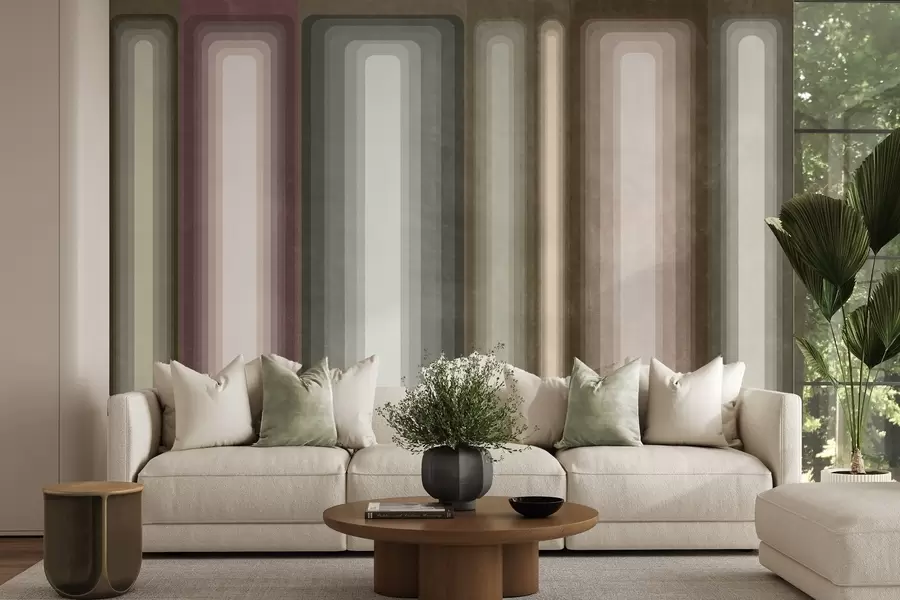 murales de pared Rectángulos verticales abstractos con textura y esquinas redondeadas, en tonos apagados de marrón, beige y rosa pálido w09905