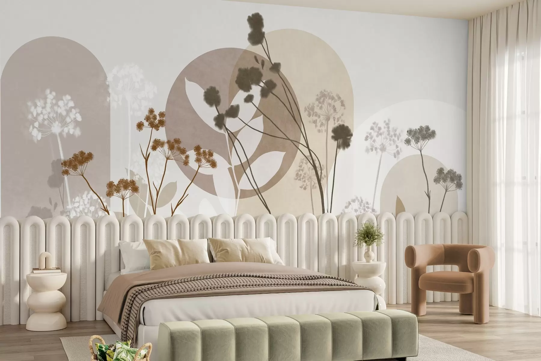 murales de pared Composición botánica y minimalista de flores y hojas secas con motivos geométricos abstractos w09906