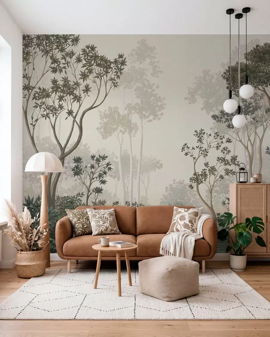 murales de pared Bosque brumoso con árboles y un tranquilo curso de agua w05700