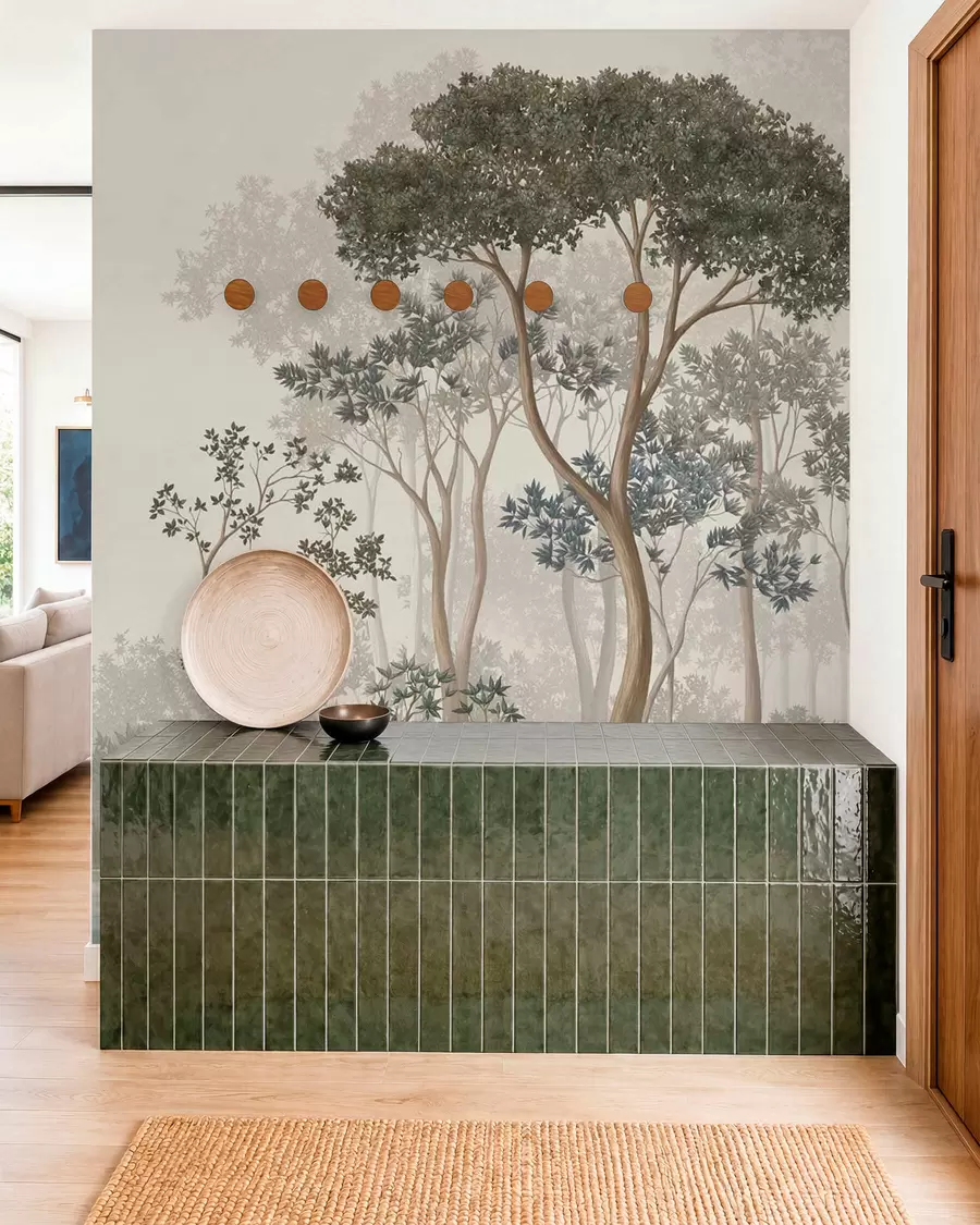 murales de pared Bosque brumoso con árboles y un tranquilo curso de agua w05700