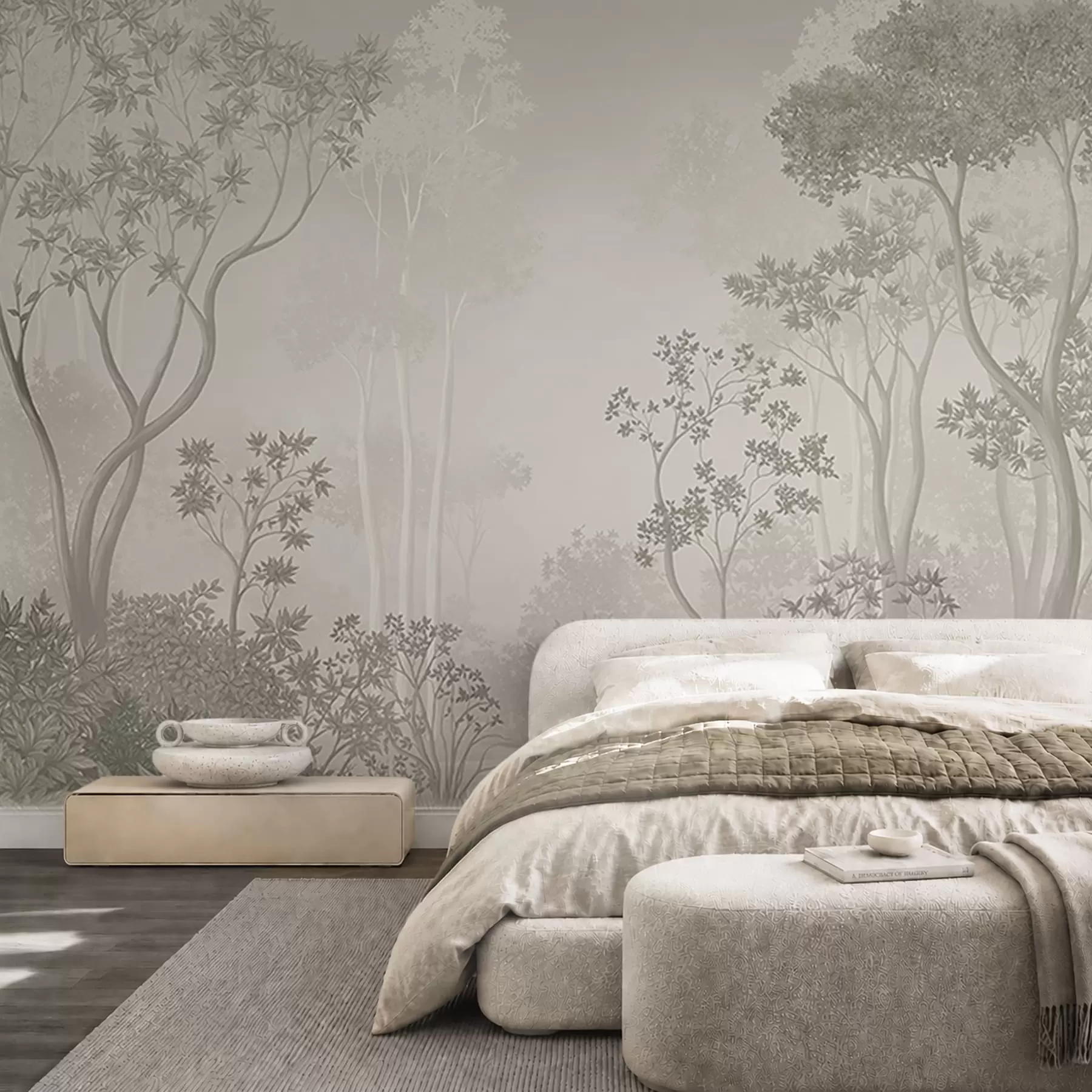 murales de pared Un bosque envuelto en una ligera bruma, en suaves tonos neutros w05700v1