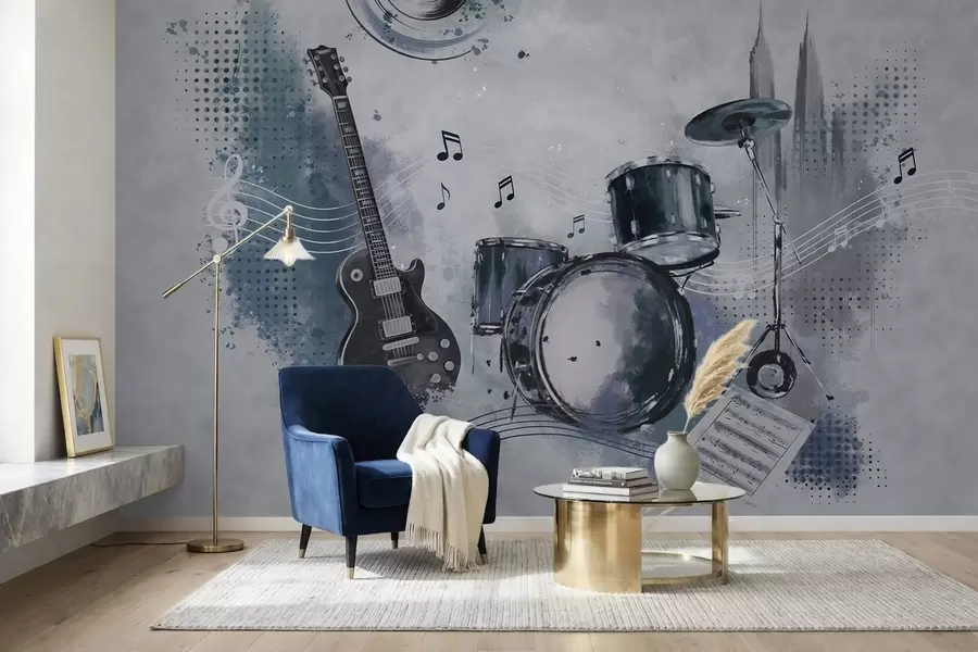 murales de pared Guitarra y batería con notas musicales w05546