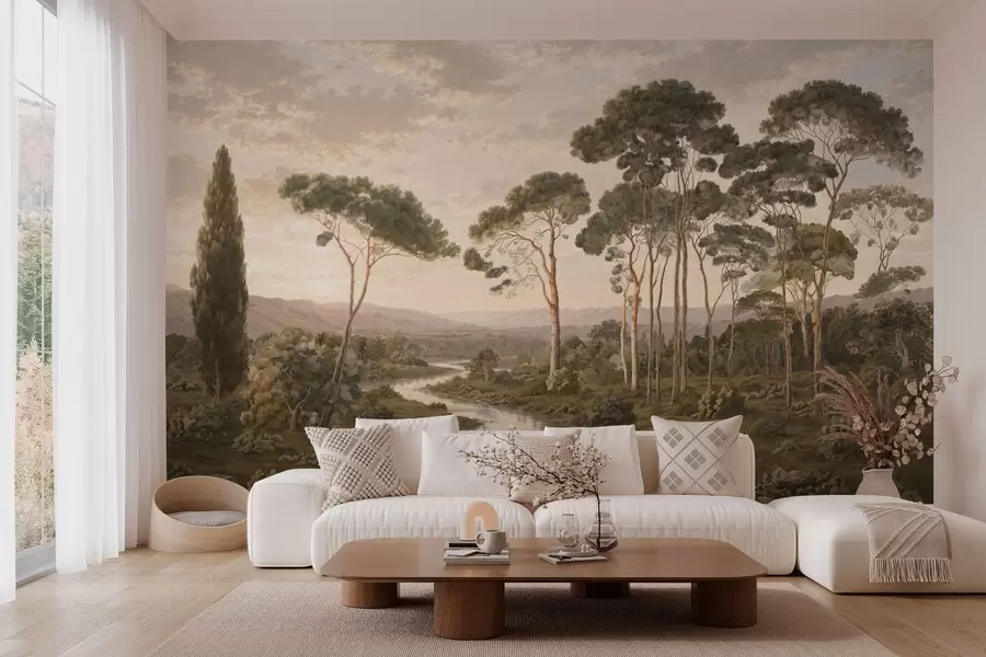 murales de pared Paisaje con río, árboles y colinas en la lejanía w05696