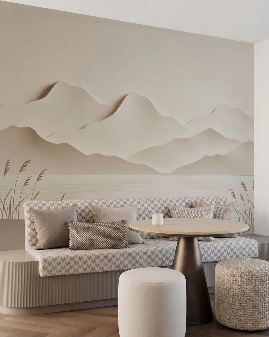 murales de pared Paisaje montañoso con varias capas sobre un lago tranquilo, en una cálida gama de tonos beige w09876