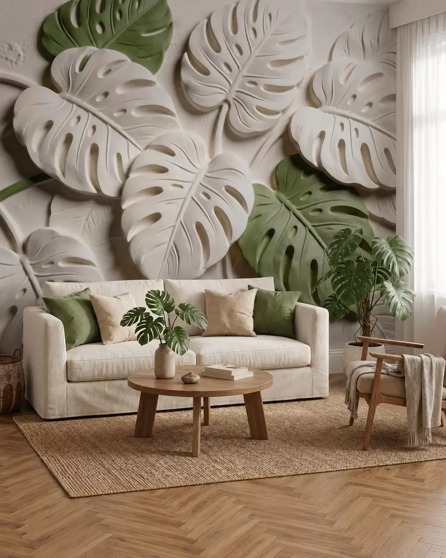 murales de pared Hojas de monstera botánicas en relieve en tonos crema y verde w09883
