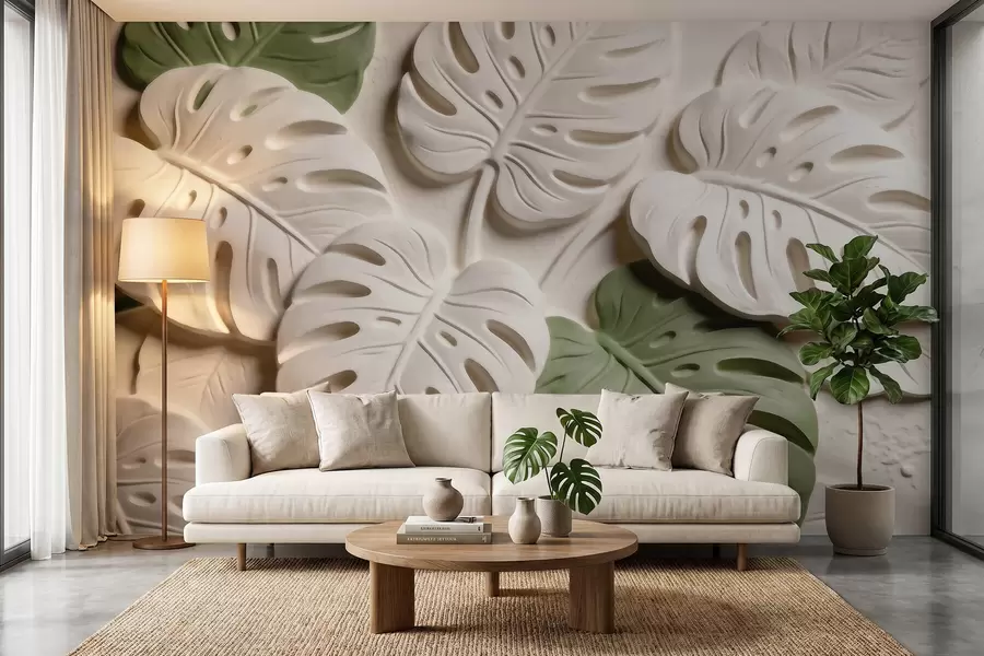 murales de pared Hojas de monstera botánicas en relieve en tonos crema y verde w09883