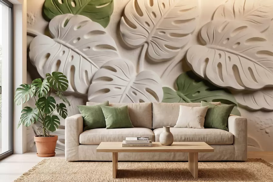murales de pared Hojas de monstera botánicas en relieve en tonos crema y verde w09883