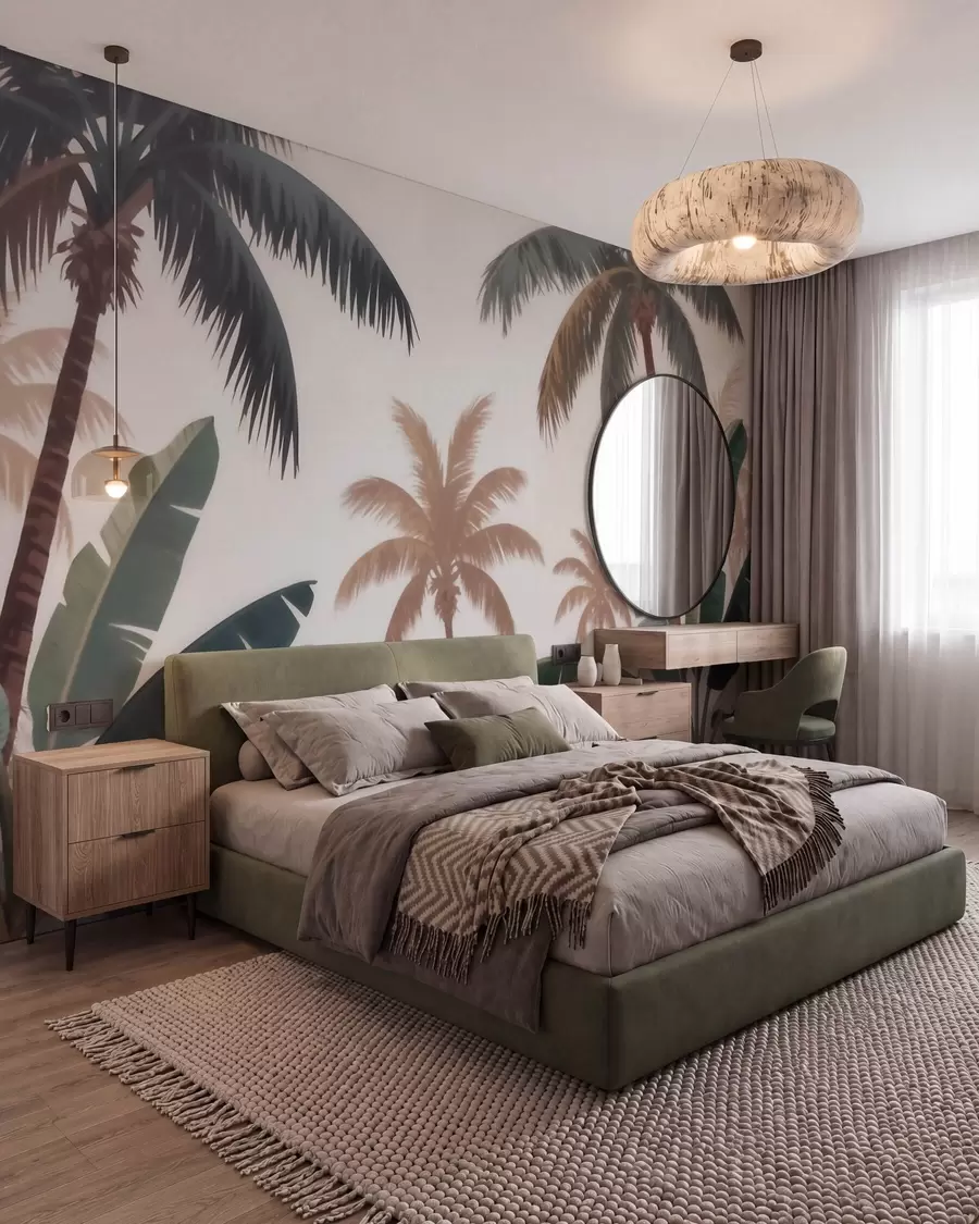 murales de pared Palmeras tropicales en una suave paleta de colores vintage con un ambiente brumoso de mañana w09884