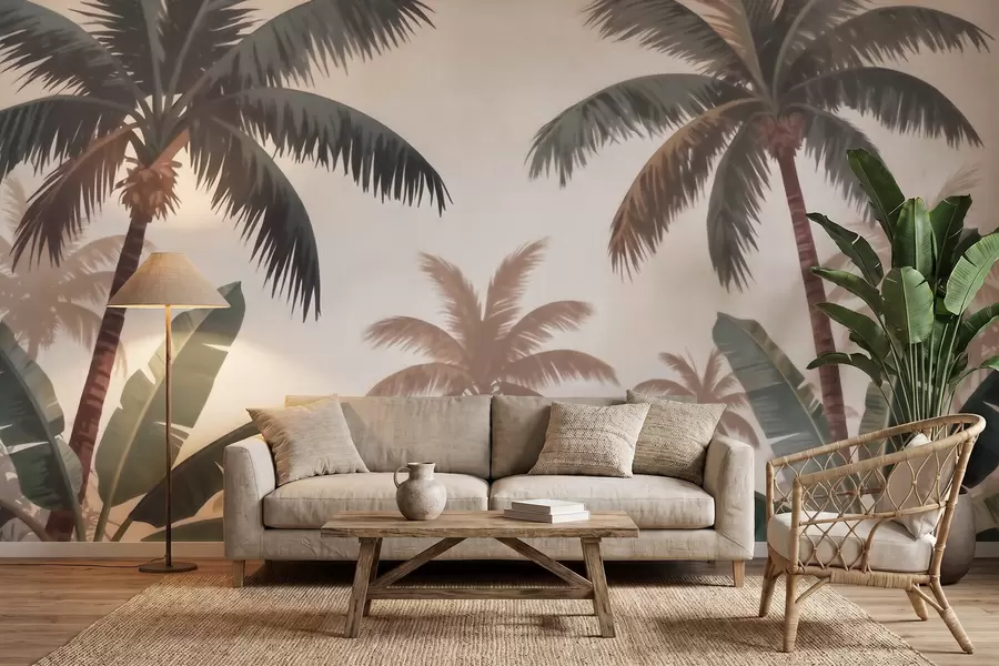 murales de pared Palmeras tropicales en una suave paleta de colores vintage con un ambiente brumoso de mañana w09884