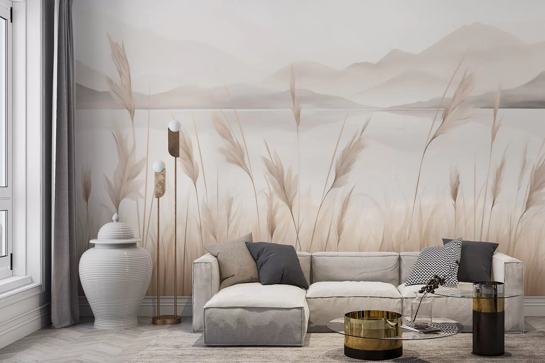 murales de pared Juncos junto a un lago con montañas al fondo, imitación de un cuadro w05704