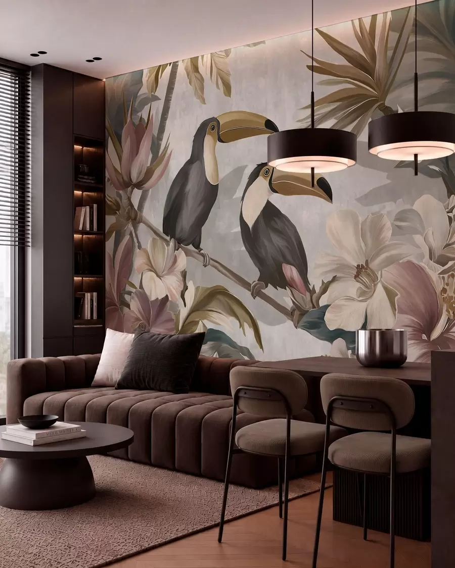 murales de pared una pareja de tucanes entre flores y hojas tropicales w05657