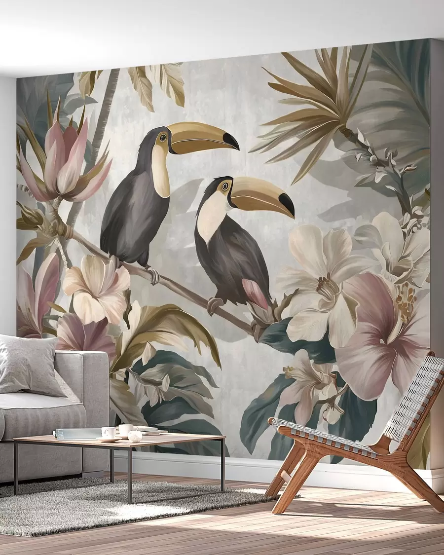 murales de pared una pareja de tucanes entre flores y hojas tropicales w05657