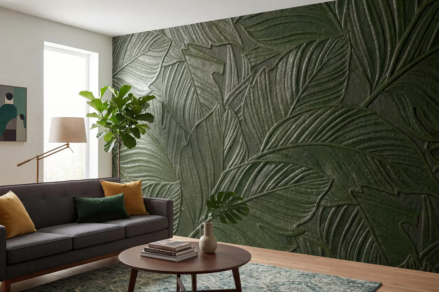 murales de pared Hojas tropicales en relieve con un delicado diseño en exuberantes tonos verdes w09886v1