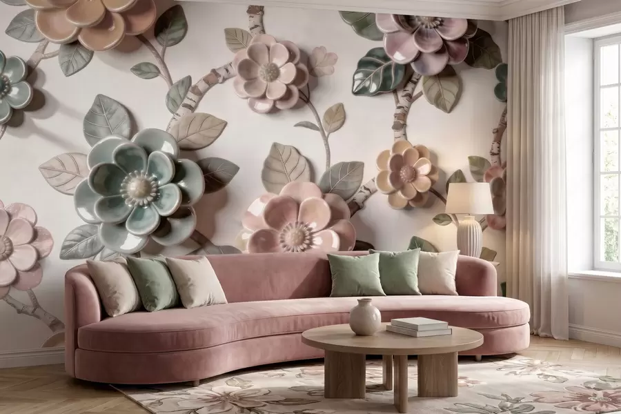 murales de pared Flores de cerámica tridimensionales en una suave gama de colores pastel w09887