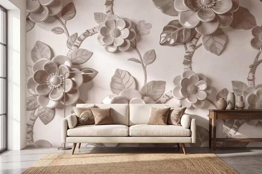 murales de pared Elegante arreglo floral en tonos beige con flores esculpidas en tres dimensiones w09887v1