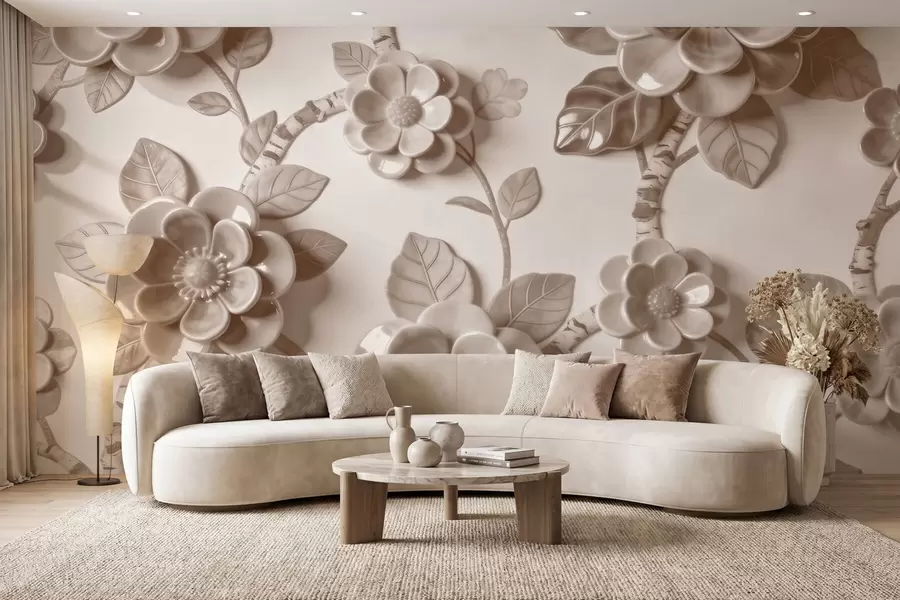 murales de pared Elegante arreglo floral en tonos beige con flores esculpidas en tres dimensiones w09887v1