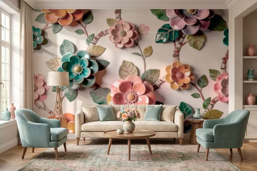 murales de pared Flores y hojas de cerámica tridimensionales en una paleta de colores vivos w09887v2