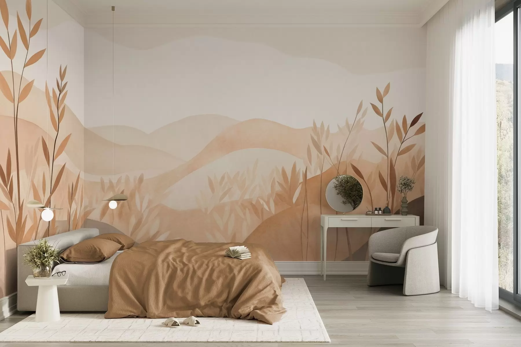 murales de pared Paisaje abstracto con colinas onduladas en tonos marrones y beige, obra de arte con textura w09617