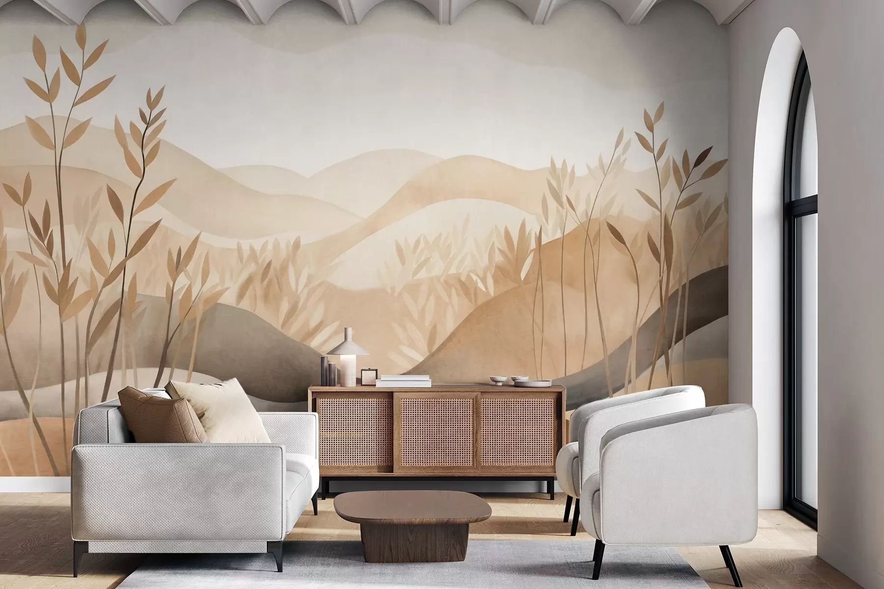 murales de pared Paisaje abstracto con colinas onduladas en tonos marrones y beige, obra de arte con textura w09617