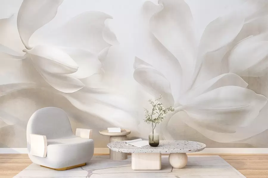 murales de pared Flores de magnolia blancas con textura y pétalos delicados, sobre un fondo claro difuminado w09771