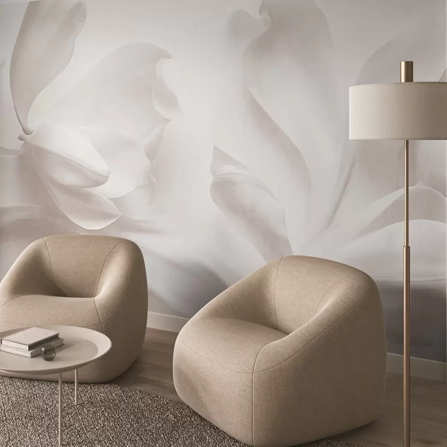 murales de pared Flores de magnolia blancas con textura y pétalos delicados, sobre un fondo claro difuminado w09771