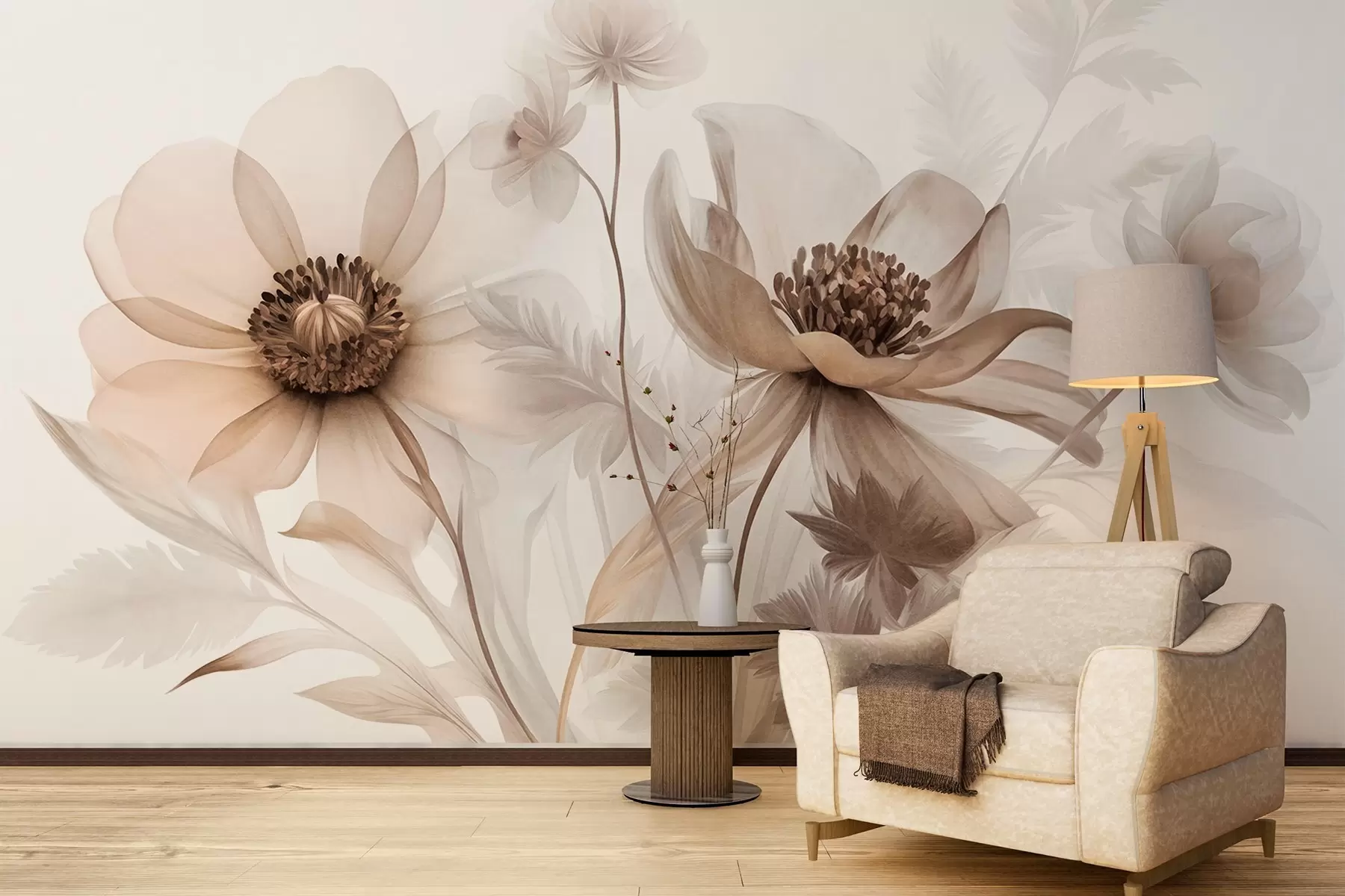murales de pared Flores grandes, translúcidas y de tonos sepia, con pétalos delicados, hojas plumosas y flores más pequeñas w09900