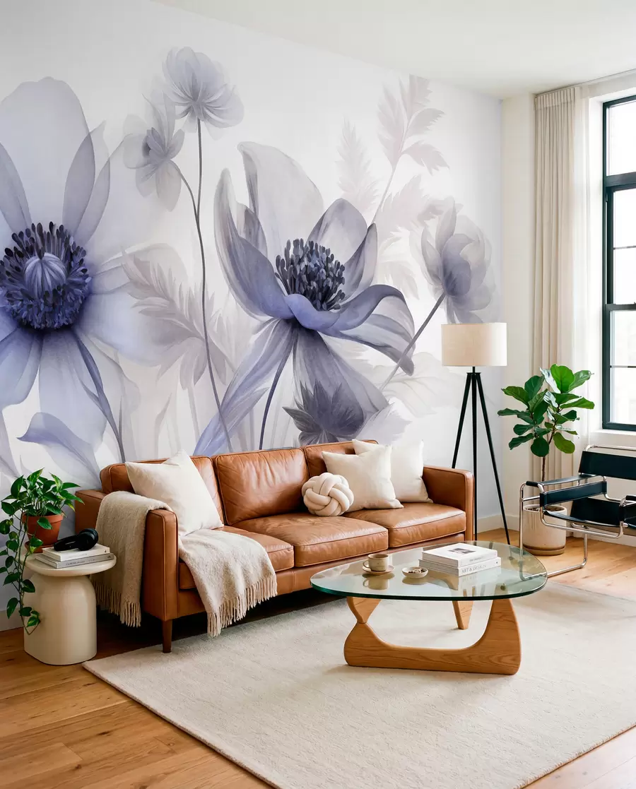 murales de pared Flores grandes, translúcidas y de tonos azules, con pétalos delicados, hojas plumosas y flores más pequeñas w09900v1