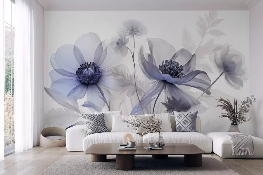 murales de pared Flores grandes, translúcidas y de tonos azules, con pétalos delicados, hojas plumosas y flores más pequeñas w09900v1