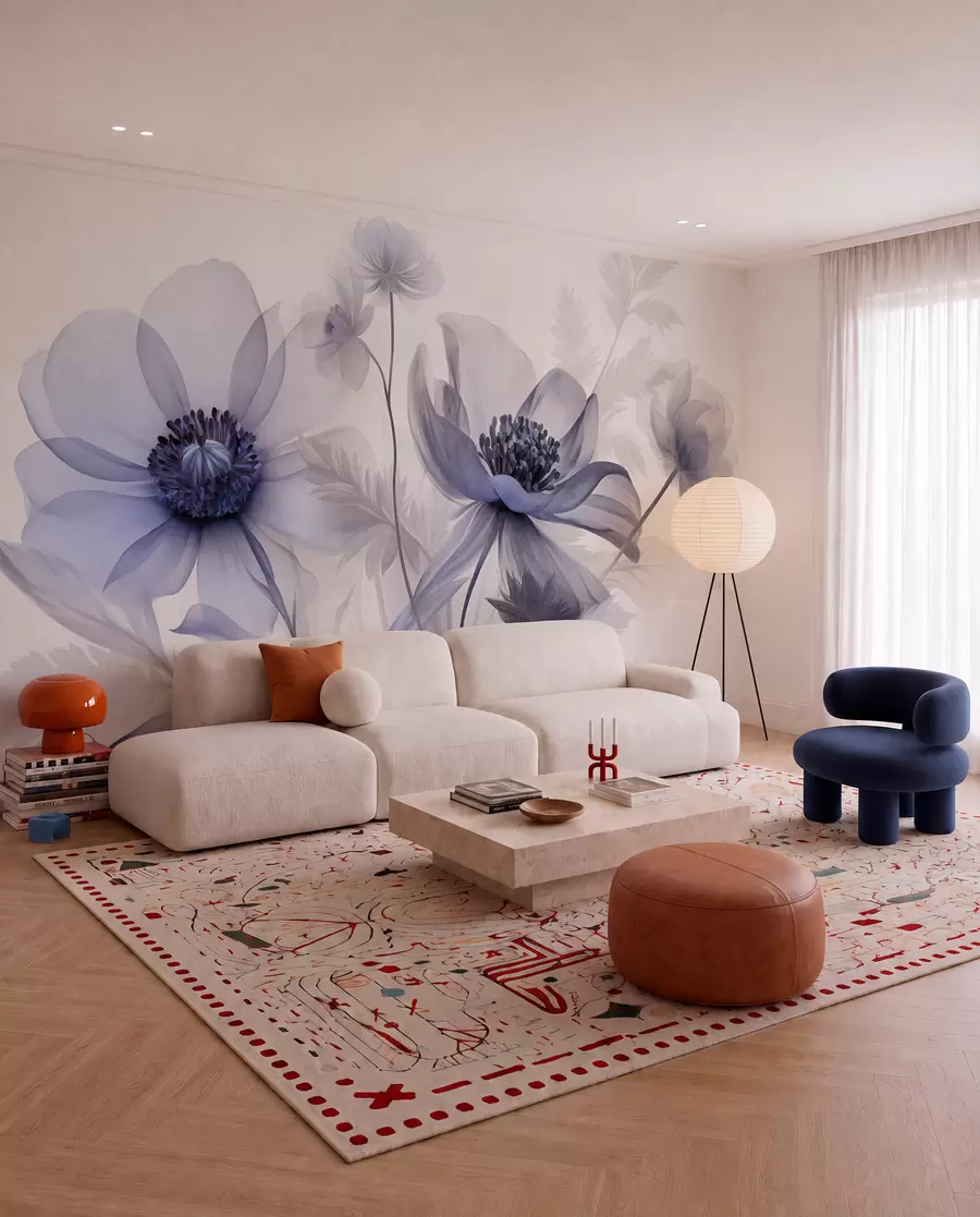 murales de pared Flores grandes, translúcidas y de tonos azules, con pétalos delicados, hojas plumosas y flores más pequeñas w09900v1