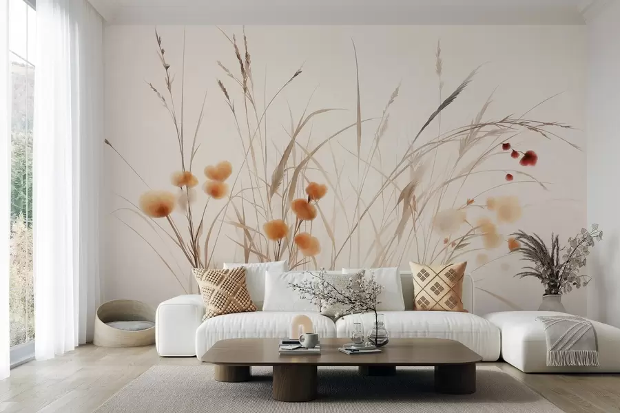 murales de pared Hierbas altas y pequeñas flores silvestres de color naranja sobre un fondo pálido, con un estilo boho lleno de textura w09902