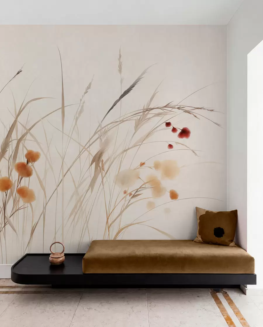 murales de pared Hierbas altas y pequeñas flores silvestres de color naranja sobre un fondo pálido, con un estilo boho lleno de textura w09902