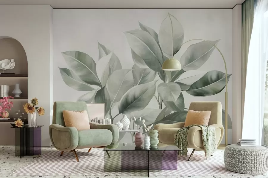 murales de pared Hojas de color verde claro sobre un fondo pálido y suave, con textura de estilo boho w09909