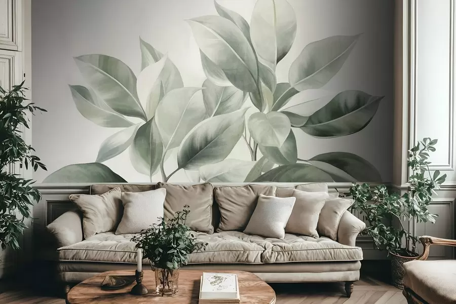 murales de pared Hojas de color verde claro sobre un fondo pálido y suave, con textura de estilo boho w09909