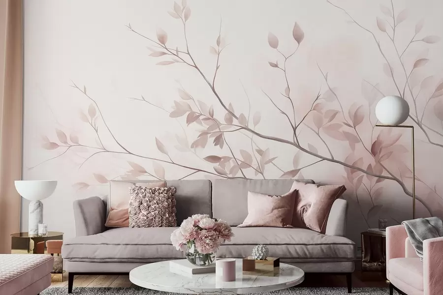 murales de pared Ramas delicadas con hojas de un rosa suave sobre un fondo pálido, al estilo de la acuarela w09910
