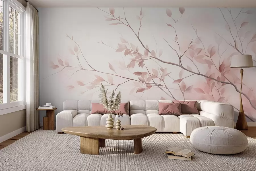 murales de pared Ramas delicadas con hojas de un rosa suave sobre un fondo pálido, al estilo de la acuarela w09910