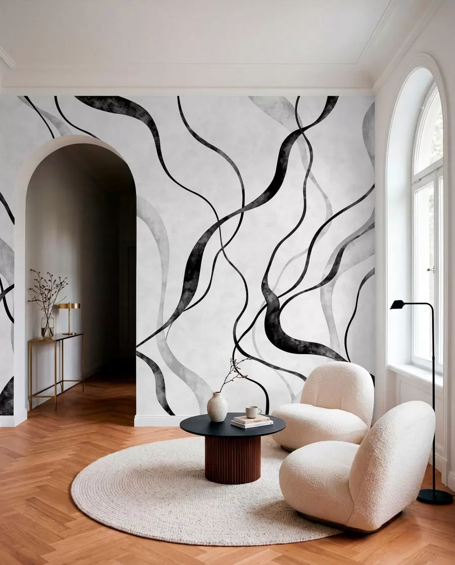 murales de pared Líneas fluidas y abstractas en tonos monocromáticos w05699