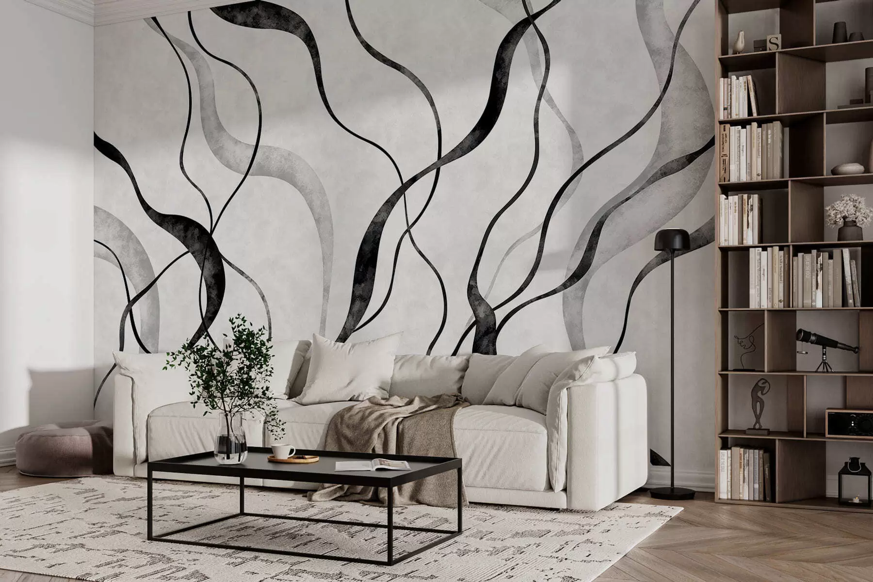 murales de pared Líneas fluidas y abstractas en tonos monocromáticos w05699